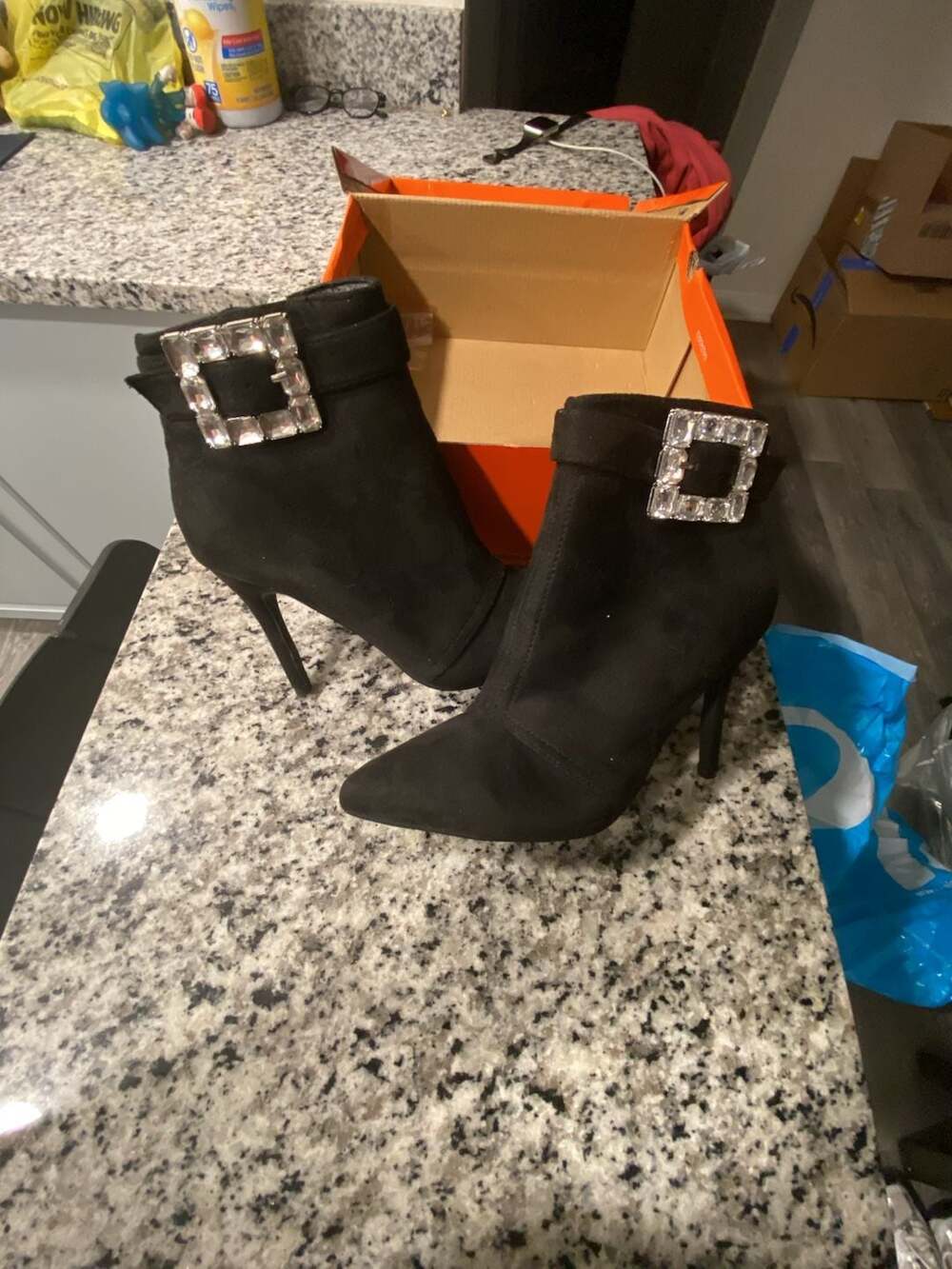 Rouge Black Suede Pointed Toe Stiletto Ankle Boots with Rhinestone Buckle